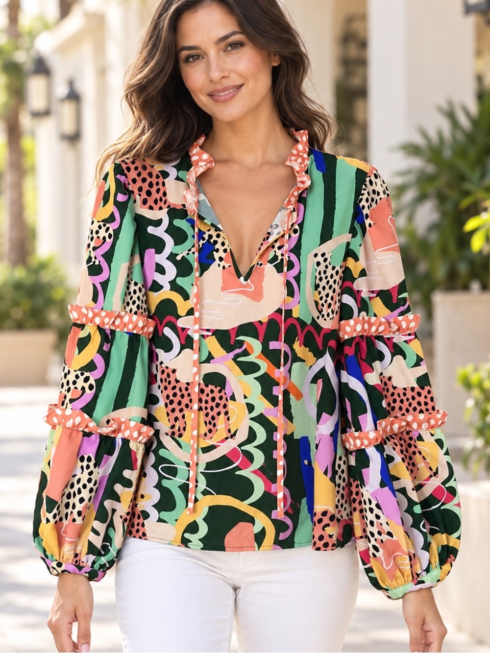CROSBY Mollie Burch Jungle Book Cheetah Ruffle Blouse Long Puff Sleeve Tie Small